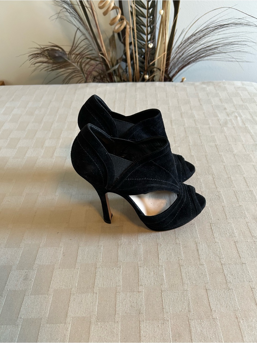 Prada Suede Cut Out Peep Toe Heeled Booties - Picture 5 of 15